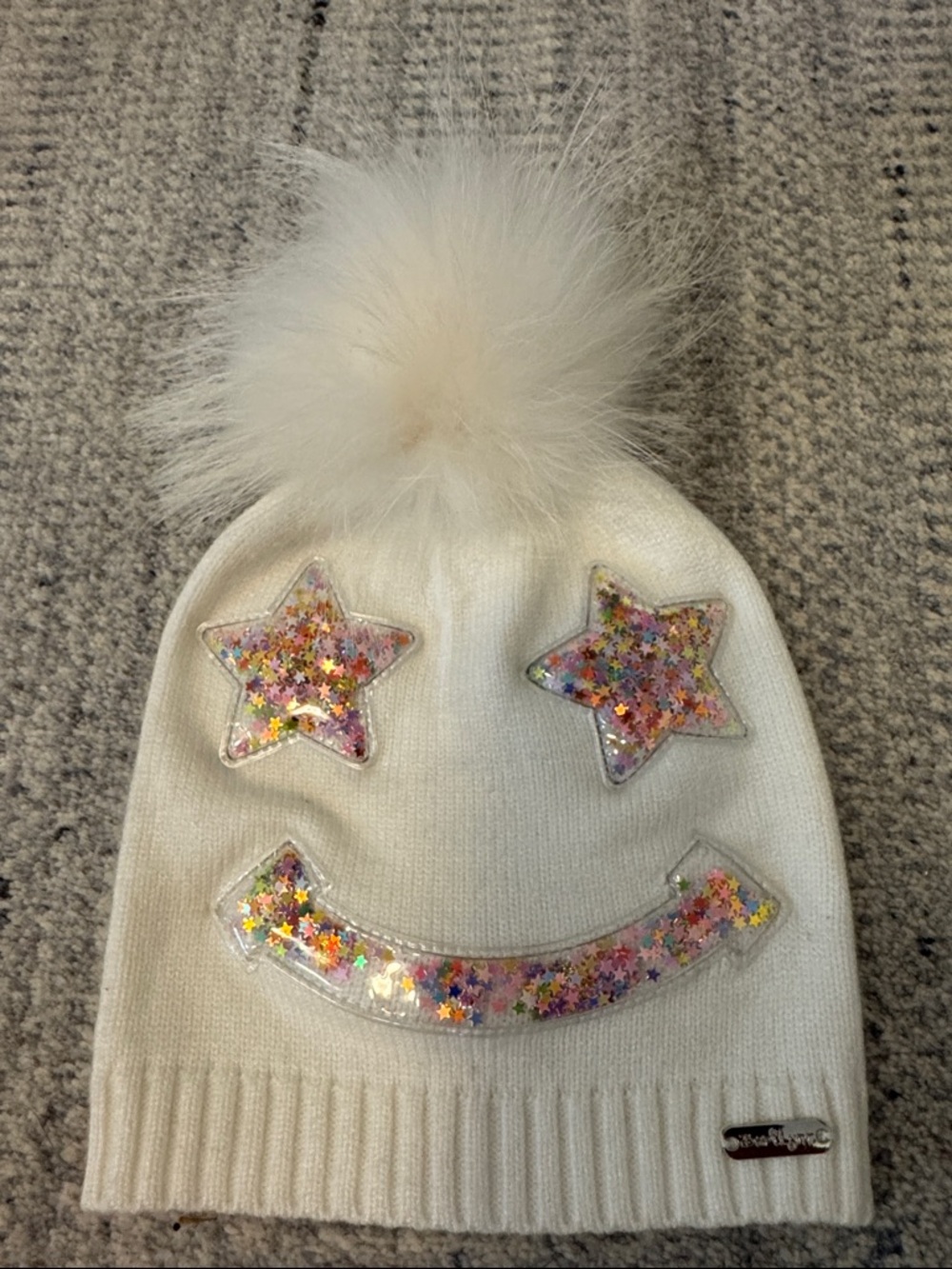 Bari Lynn Ivory Pom Pom Beanie with Star Glitter Smile for girls